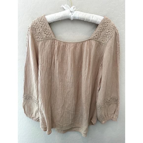 SOFT SURROUNDINGS | Beige Boho Peasant Blouse Crochet Trim Romantic Top | Small - Picture 4 of 6